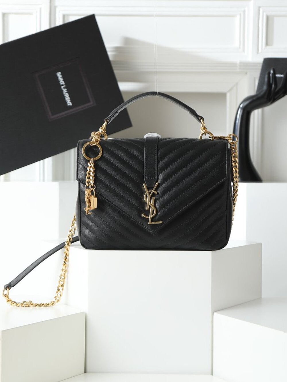 Saint Laurent Black Quilted Leather Satchel with Gold Hardware and Lock Charm